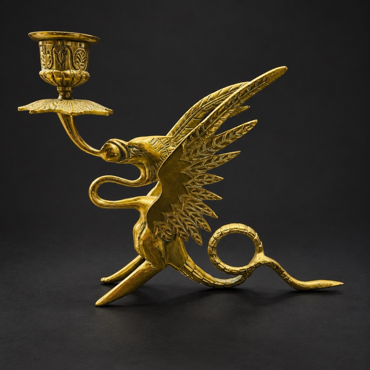 Antique French Brass Dragon Candlestick Holder Gothic Napoleon III Mythical 6x8\