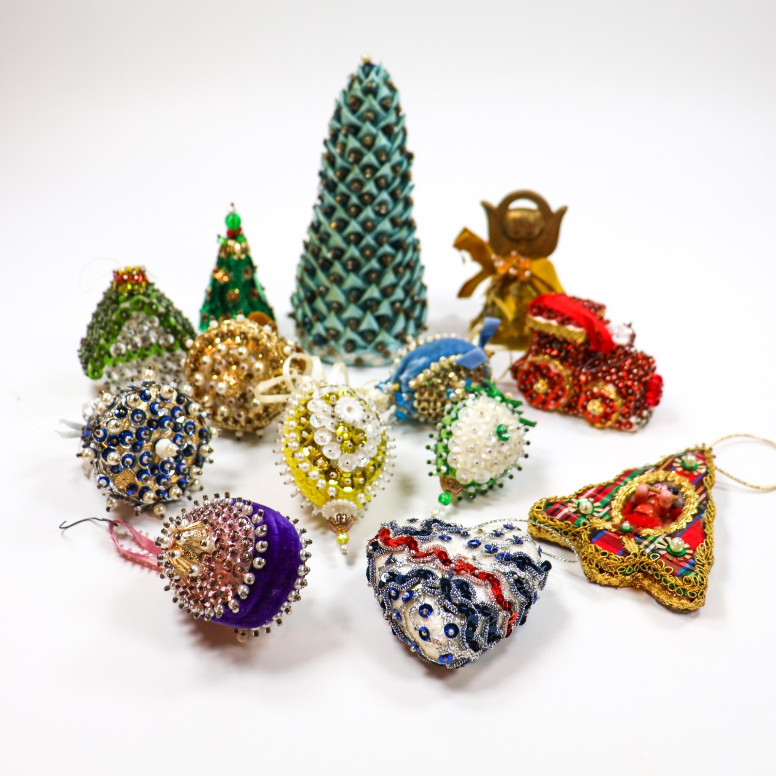 Vintage Christmas Tree Ornament LOT Sequin Push Pin MCM Handmade Kitschy