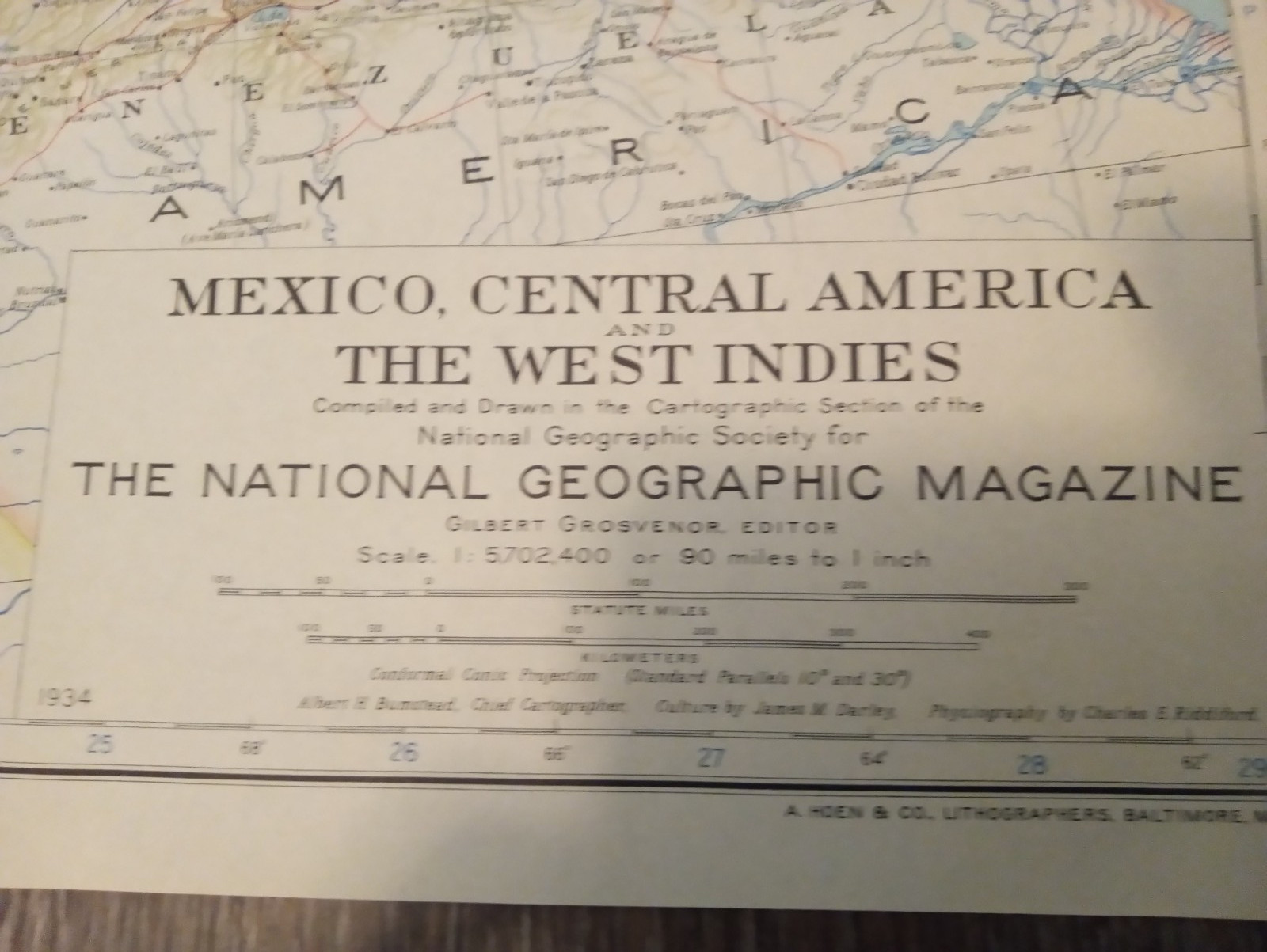 Vintage / Antique National Geographic Map 1934 Mexico Central America West Indie