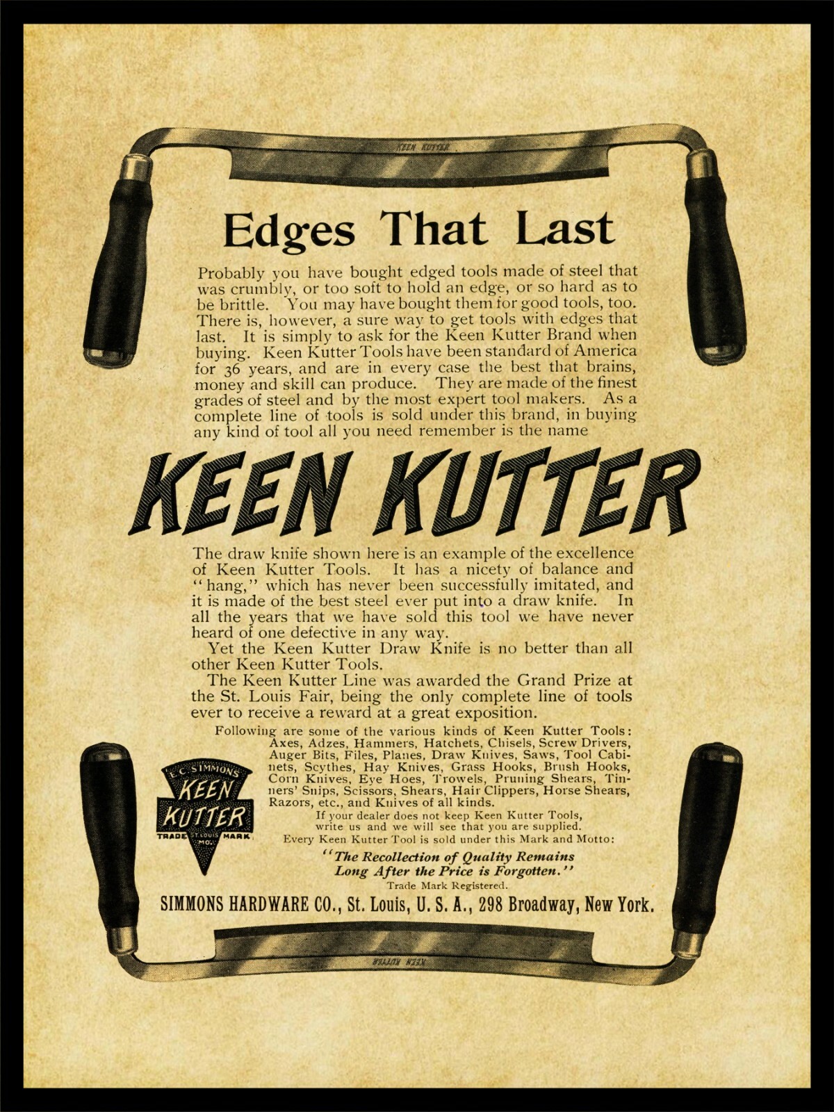 1905 Keen Kutter Tools Draw Knife NEW Metal Sign 24\