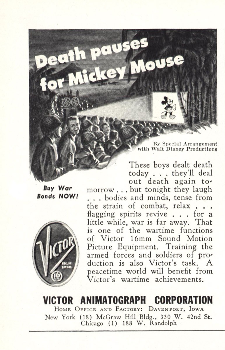 1944 Victor Animatograph: Death Pauses for Mickey Mouse Vintage Print Ad 1944 Victor Animatograph: Death Pauses for Mickey Mouse Vintage Print Ad
