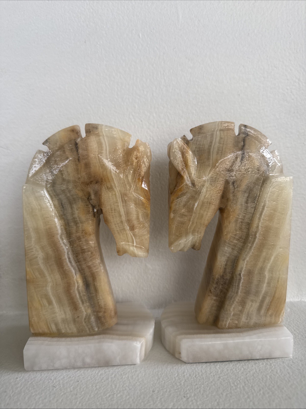 Vintage Mexican Banded Calcite “Onyx” Bookends Pair Carved Open Book Design MCM