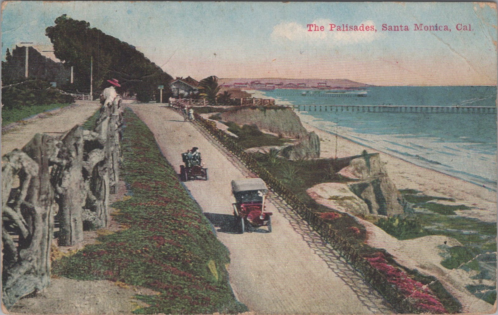 The Palisades Santa Monica CA Early Autos Ocean Pier Van Ornum RPO 1919 Postcard