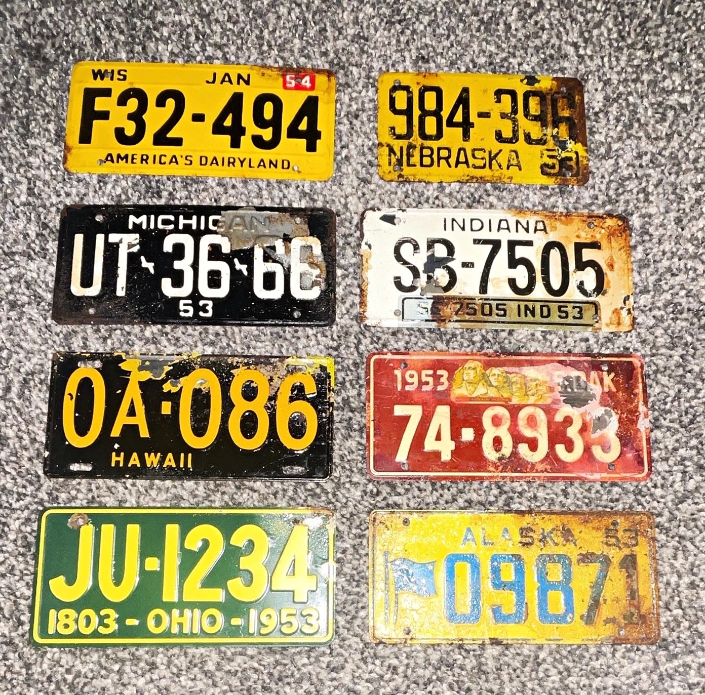 Lot of 8 Vintage 1953-1954 US bicycle tin License Plates WI MI NE IN HI OH AK