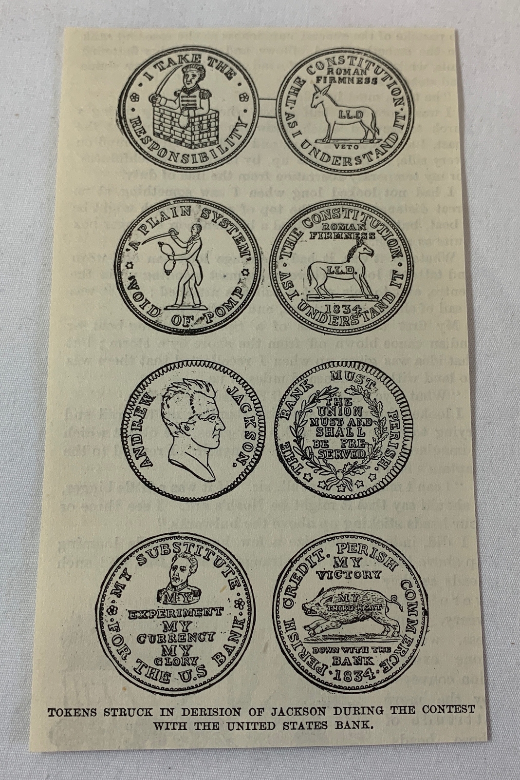 1883 magazine engraving ~ TOKENS STRUCK IN DERISION OF ANDREW JACKSON