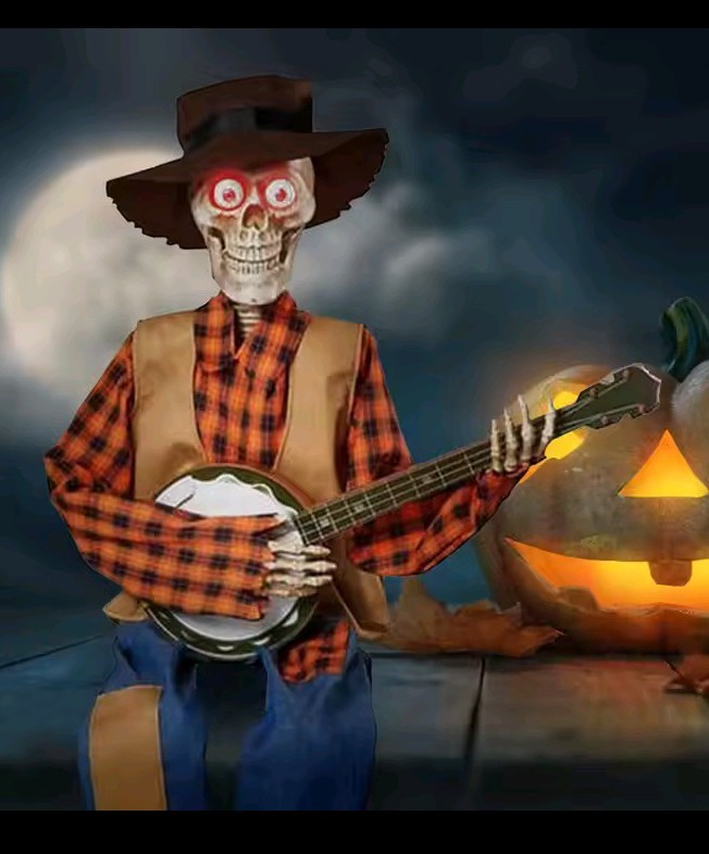 Halloween Banjo Scarecrow Playing Skeletons Animatronics Banjo Skeletons WWW..