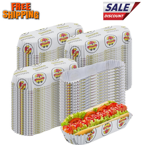 300Pcs Hot Dog Trays, 8\'\' Paper Food Trays Eco Friendly, Boats Rectangular Flute