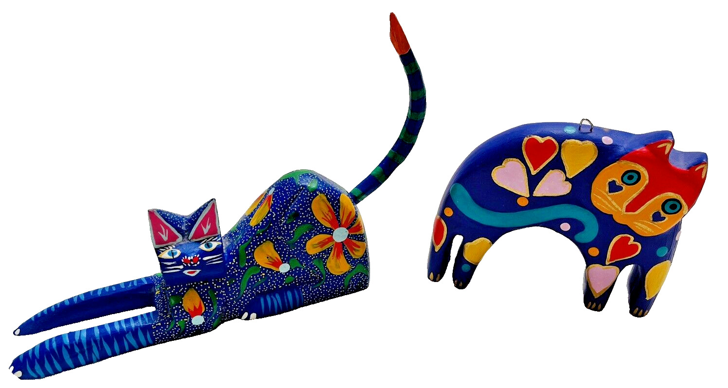 Artist Hand Painted Wooden Cat Figurines Bright Colorful Whimsical 2 Piece