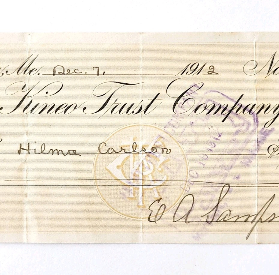 1912 Kineo Trust Company Bank Check E.A. Sampson Dover Maine Signed 1059 CHX4