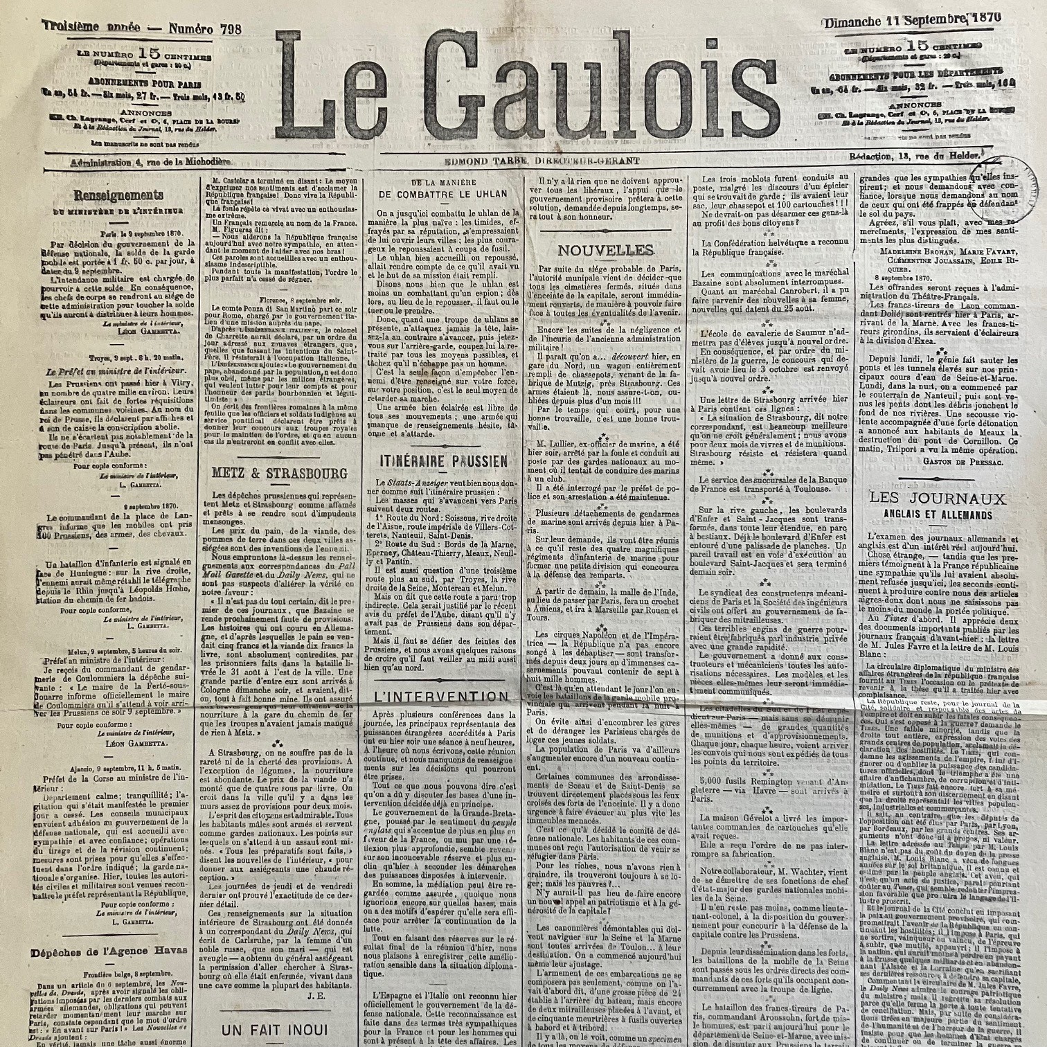 Journal LE GAULOIS 11 September 1870 # Paris prepares for siege