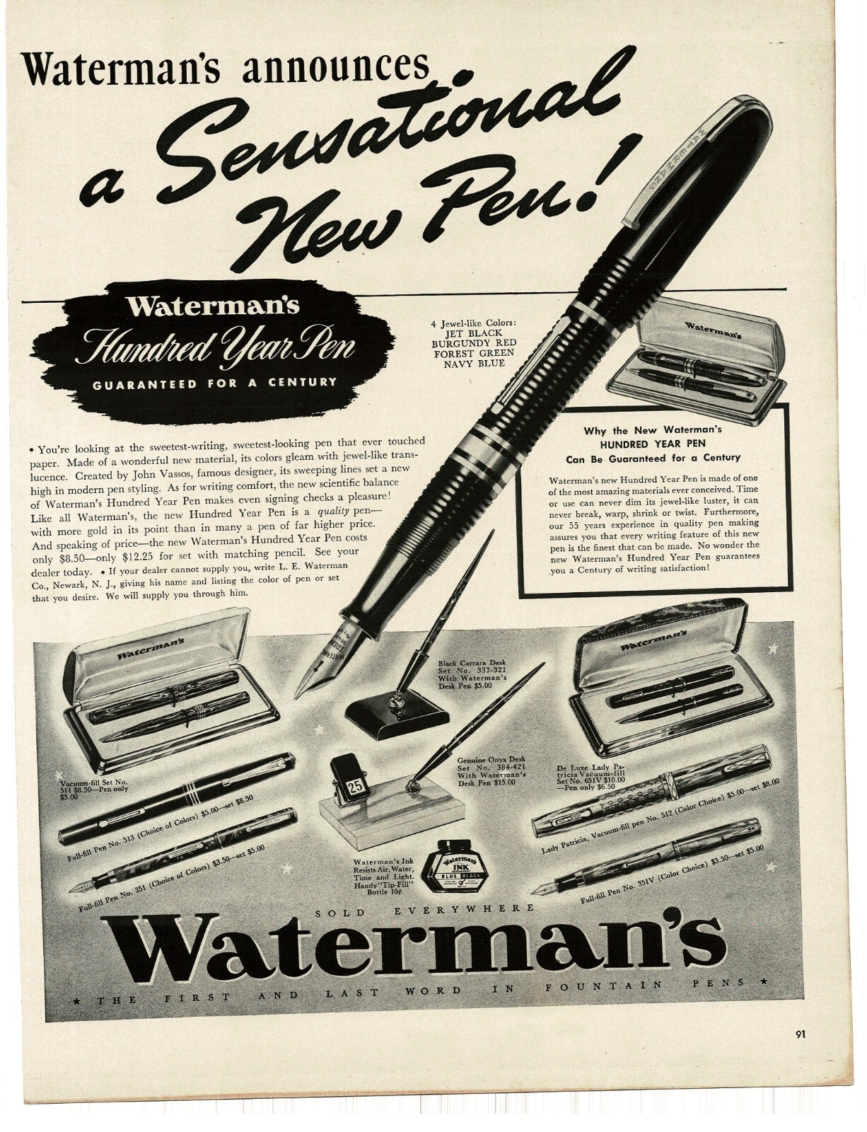 1939 Waterman\'S Pen Pencil Set Hundred Year Pen Vintage Print Ad