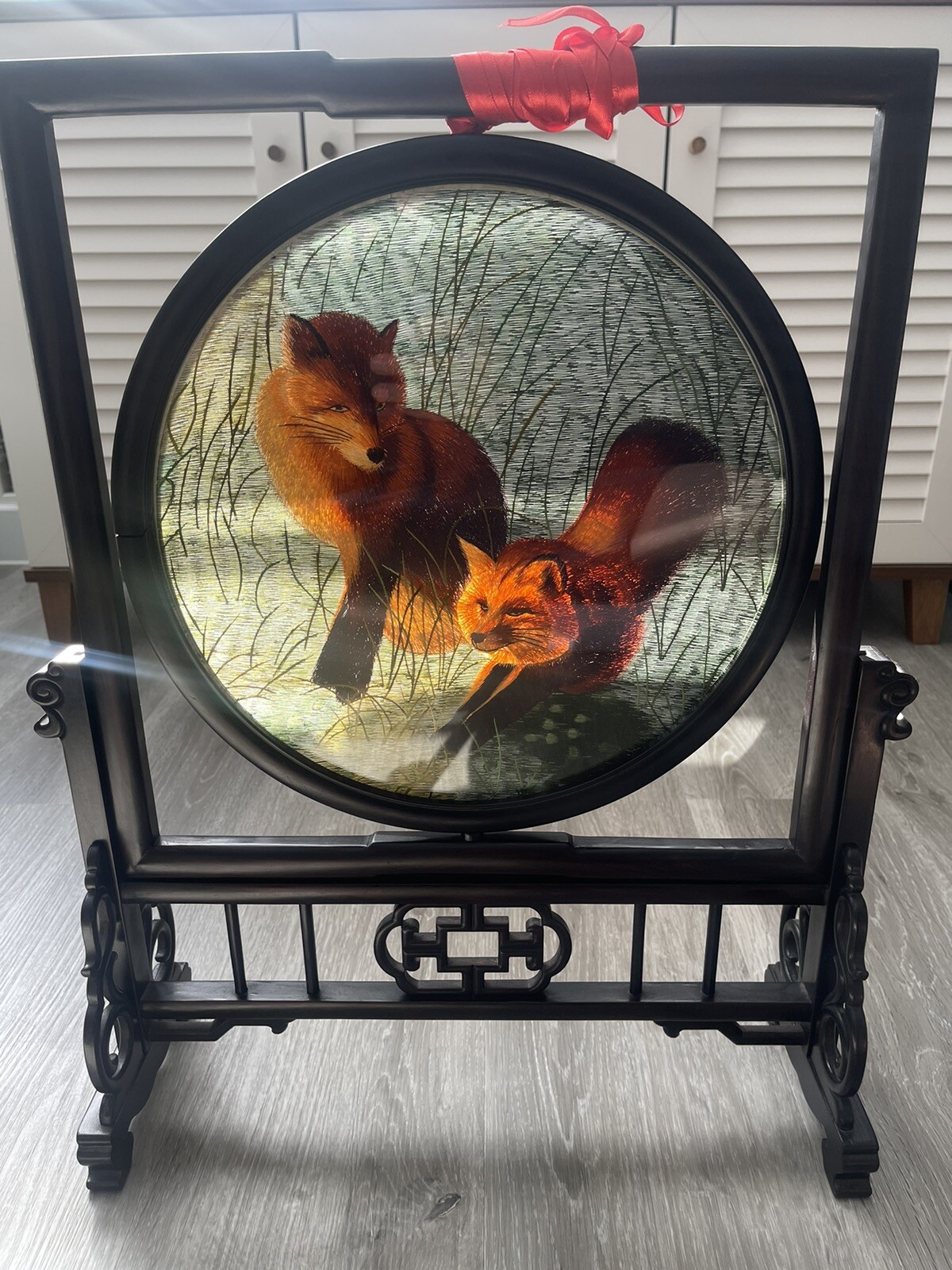 Suzhou Silk Hand Embroidery Art Couple Fox - Double Sided 15” By 15” With Stand Suzhou Silk Hand Embroidery Art Couple Fox - Double Sided 15” By 15” With Stand