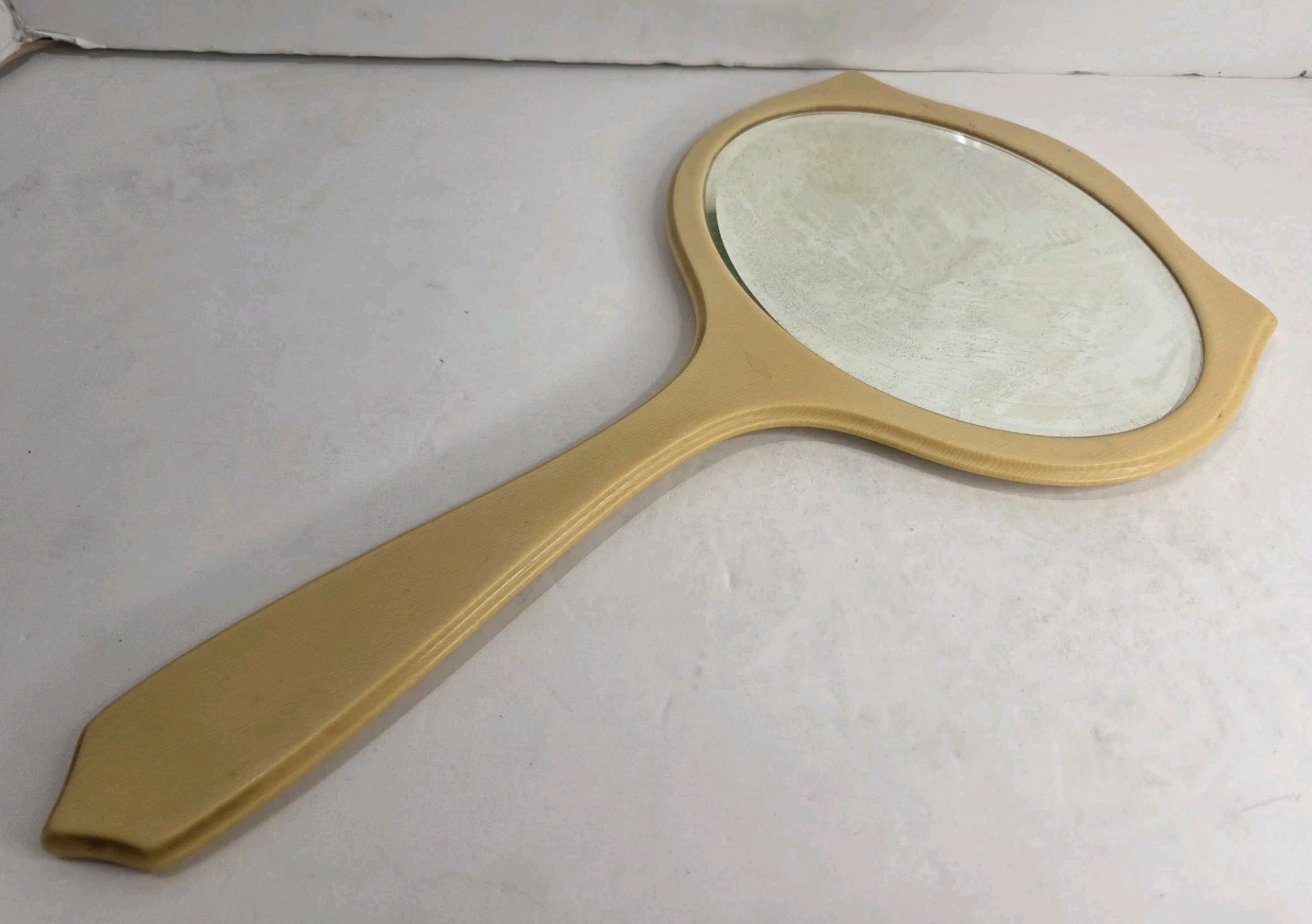 Vintage Art Deco Celluloid Tuskeloid Hand Mirror Beveled Glass Vanity Cat Ears