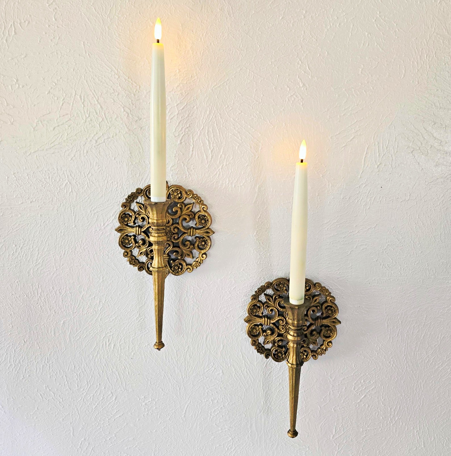 Homco vintage 1973 Hollywood Regency antique gold plastic wall sconces, set of 2