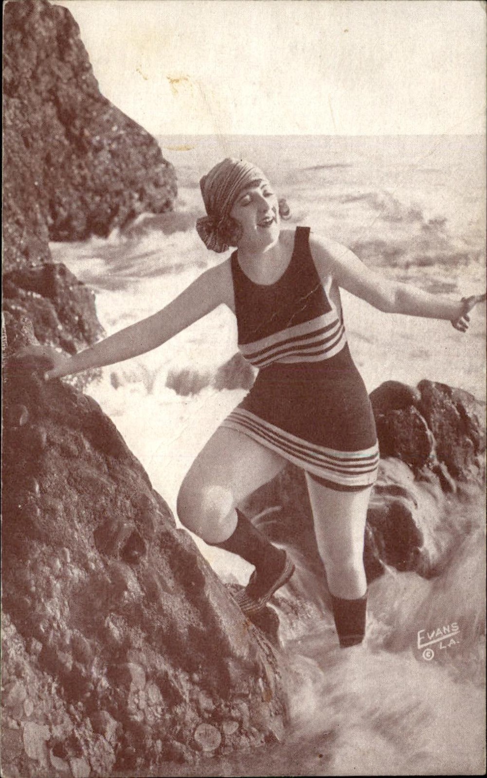 Bathing Beauty Rocky Shore c1920s-30s Vintage Postcard