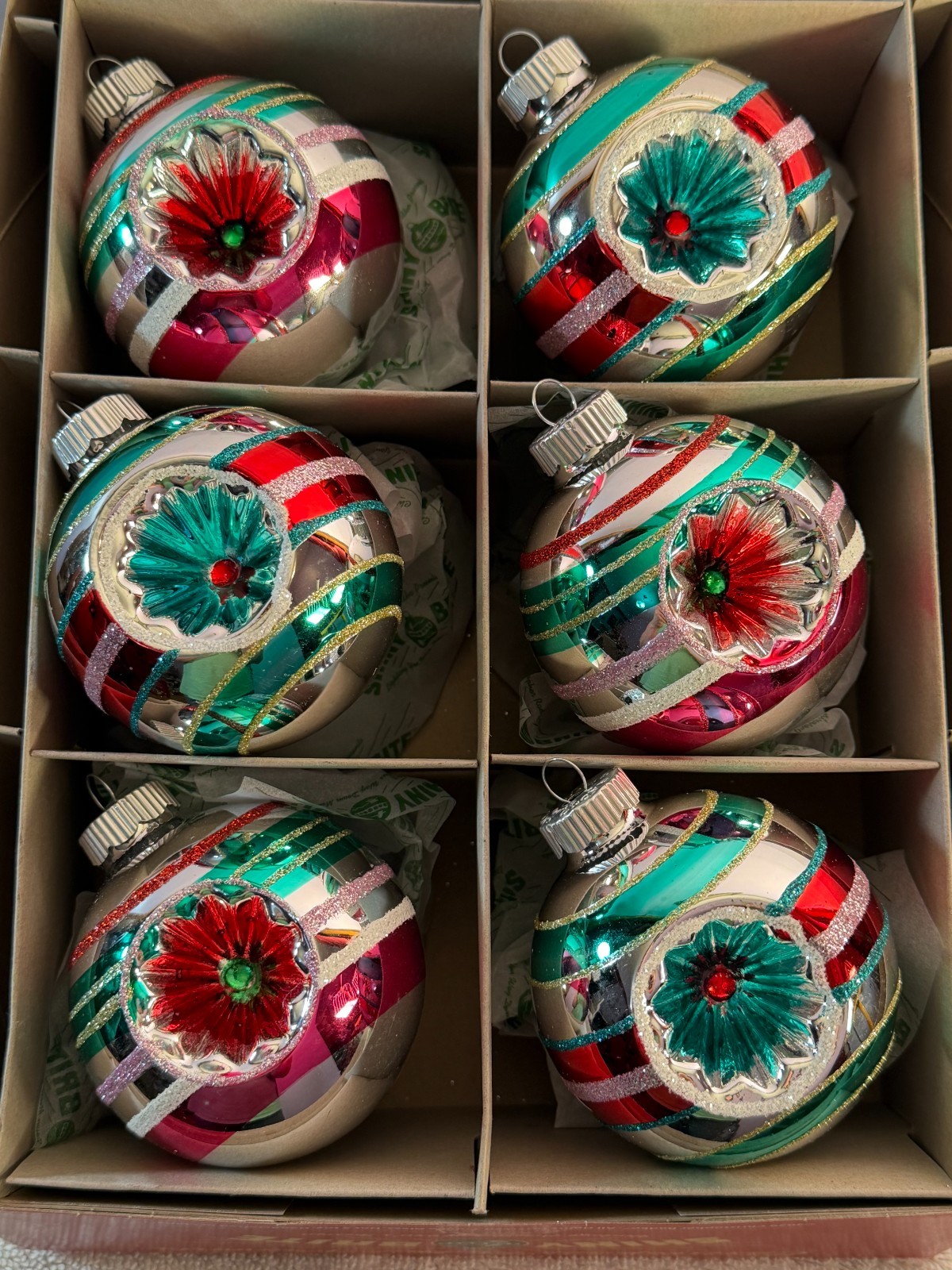 Christmas ornaments set of 6 glass Radko Shiny Brite large striped indent balls 