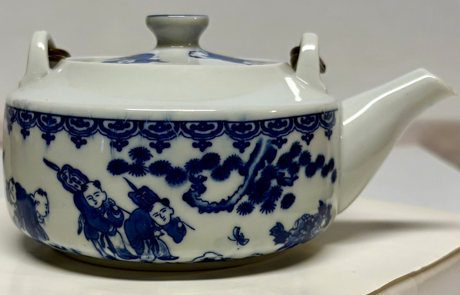 VTG JAPANESE PORCELAIN TEAPOT/COBALT BLUE 0N WHITE/KARAKO CHILDREN/RATTAN HANDLE VTG JAPANESE PORCELAIN TEAPOT/COBALT BLUE 0N WHITE/KARAKO CHILDREN/RATTAN HANDLE