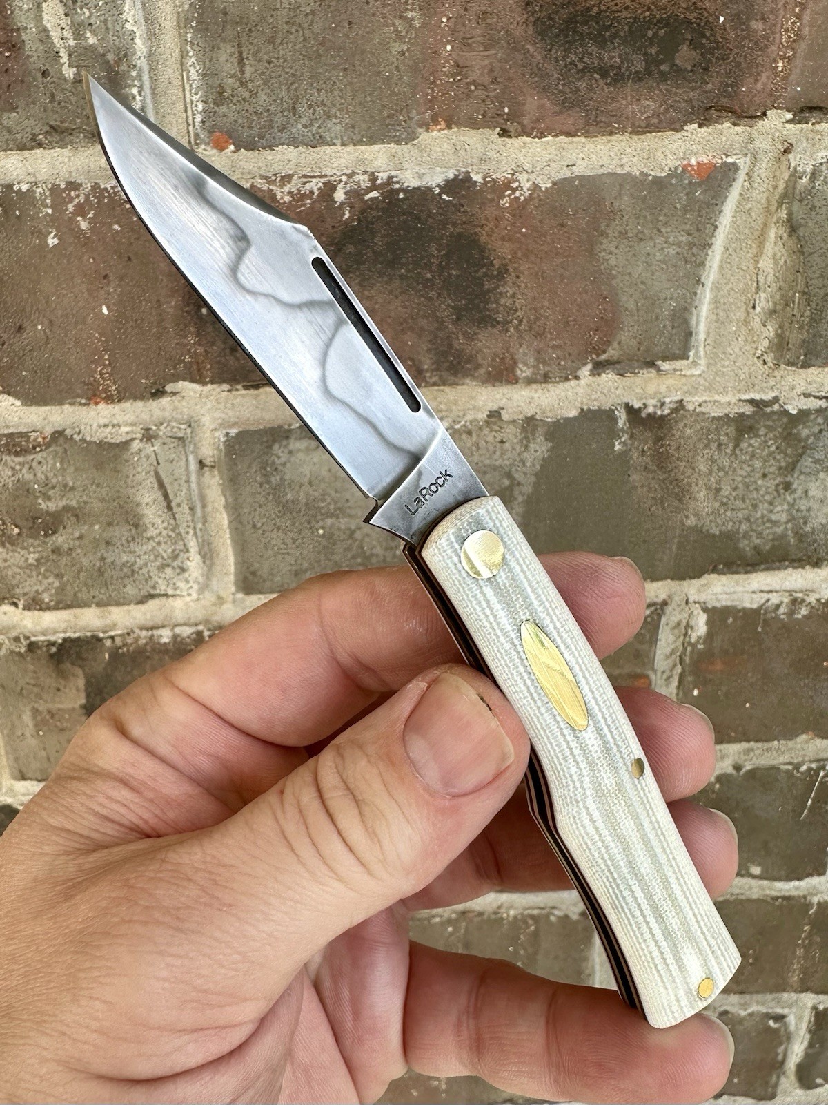 Tracy LaRock Custom Slipjoint Brass Pins Liners Hamon Blade Nicer Than GEC Tracy LaRock Custom Slipjoint Brass Pins Liners Hamon Blade Nicer Than GEC