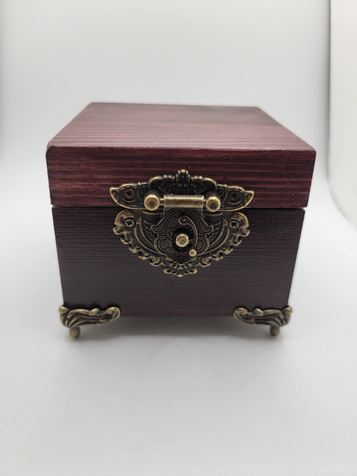 Vintage Wooden Jewelry Storage Box With Ornate Bronze Metal Accents