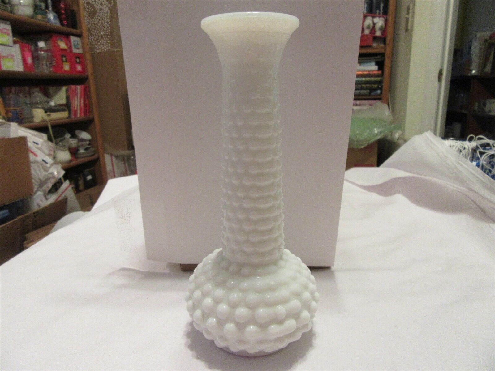 Vintage E.O. Brody Co. Milk Glass Hobnail White Bud Vase, 7 3/4\