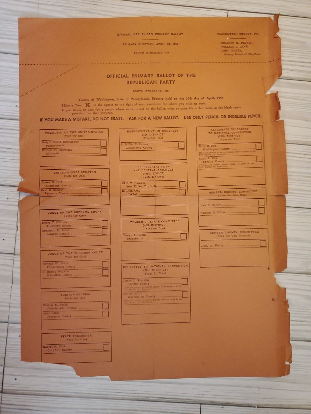 1958 Ballot Republican Party President Dwight D Eisenhower Washington Co PA 1958 Ballot Republican Party President Dwight D Eisenhower Washington Co PA