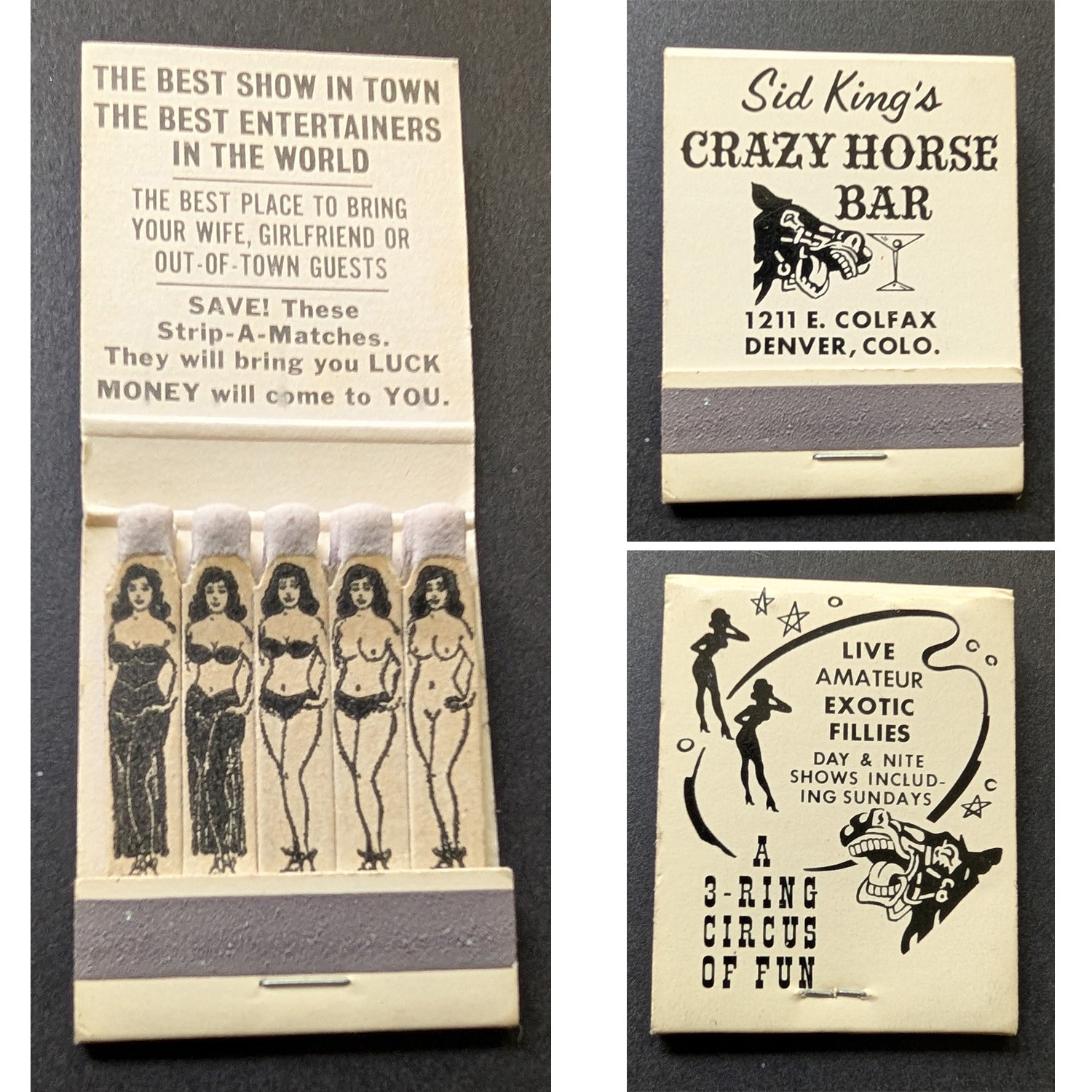 Girlie Feature Matchbook Sid King's Crazy Horse Bar Denver CO Girlie Feature Matchbook Sid King's Crazy Horse Bar Denver CO
