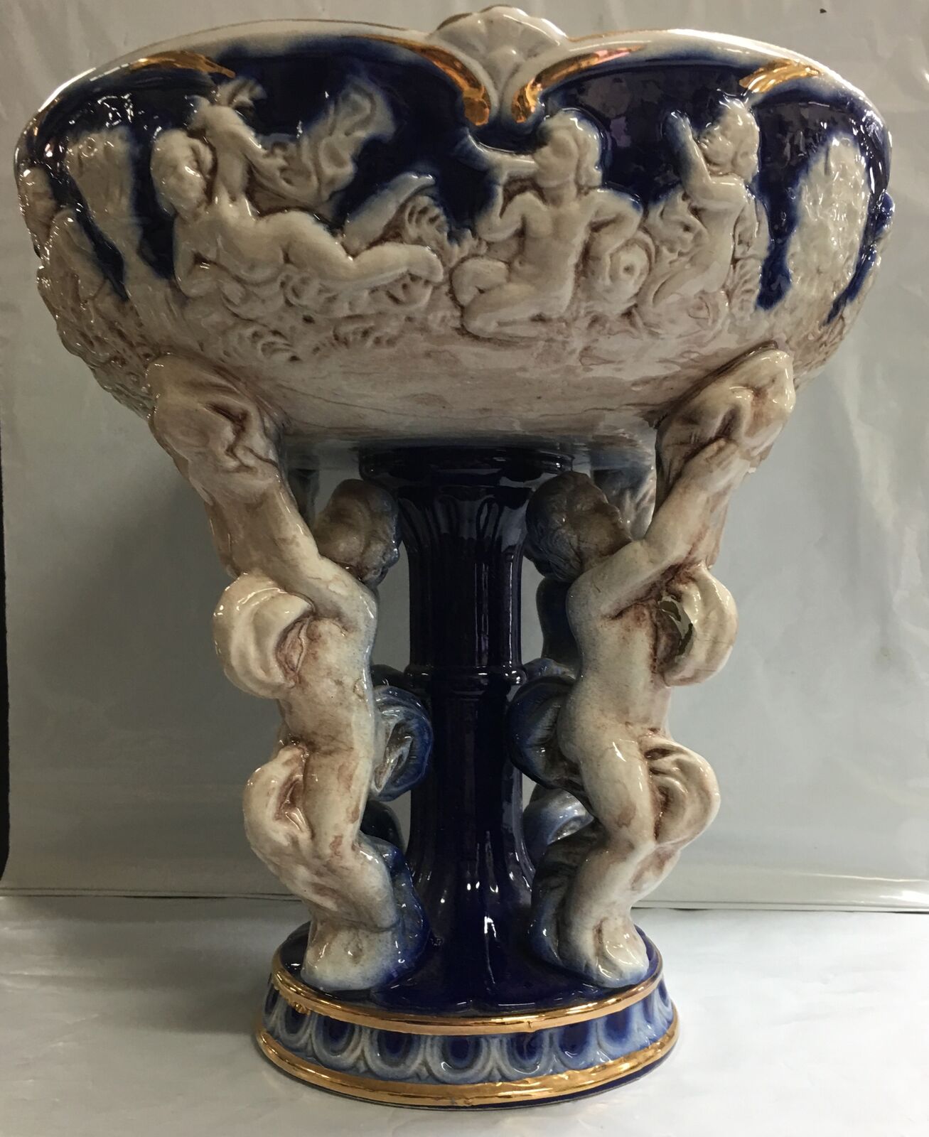 Norleans Italy,Cobalt & White Gold Trim Pedestal Porcelain Fruit Bowl or Planter