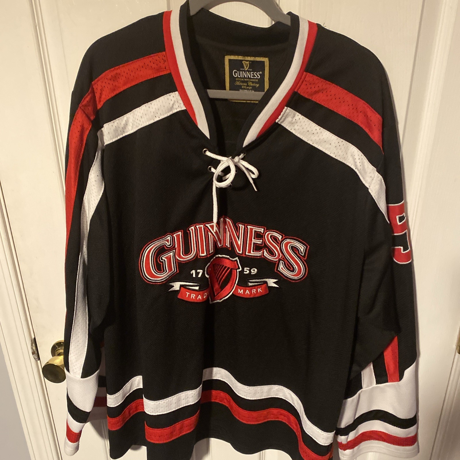 Guinness Hockey Jersey Mens 2XL Black Lace Up Mesh Beer Logo Long Sleeve Adult