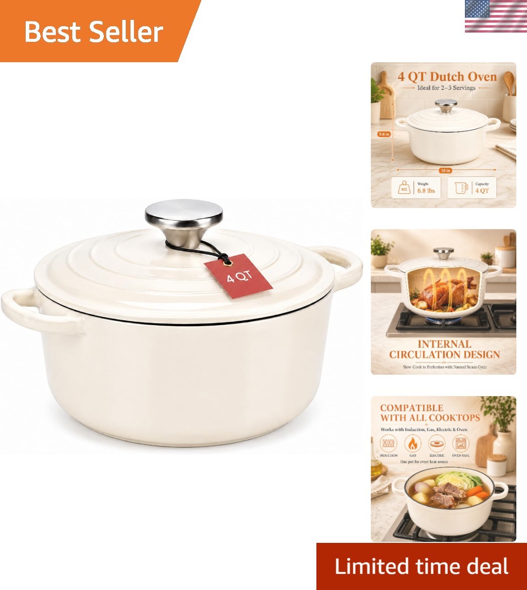 Stylish 4Qt Enameled Cast Iron Dutch Oven with Lid - Elegant Kitchen Essential Stylish 4Qt Enameled Cast Iron Dutch Oven with Lid - Elegant Kitchen Essential