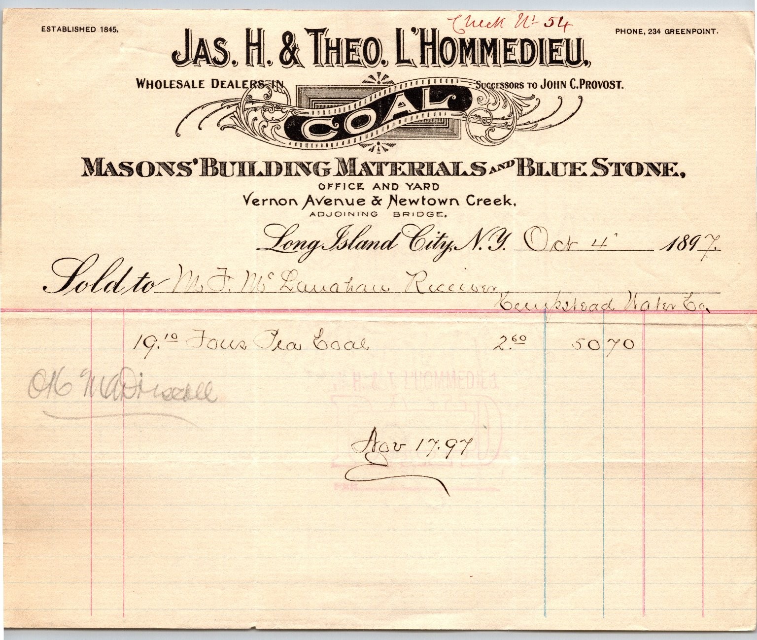 1897 Jas. H. & Theo. L\'Hommedieu Coal Billhead Long Island City NY