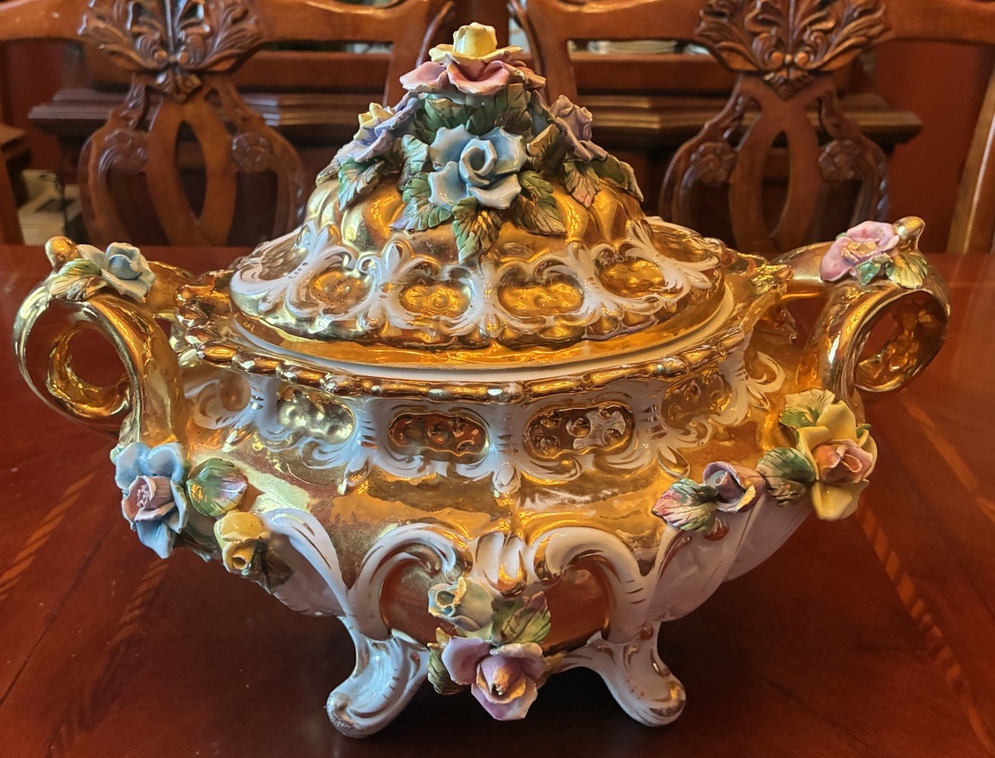 Vintage Large Antique Capodimonte Italy Soup Tureen Beautiful Flowers