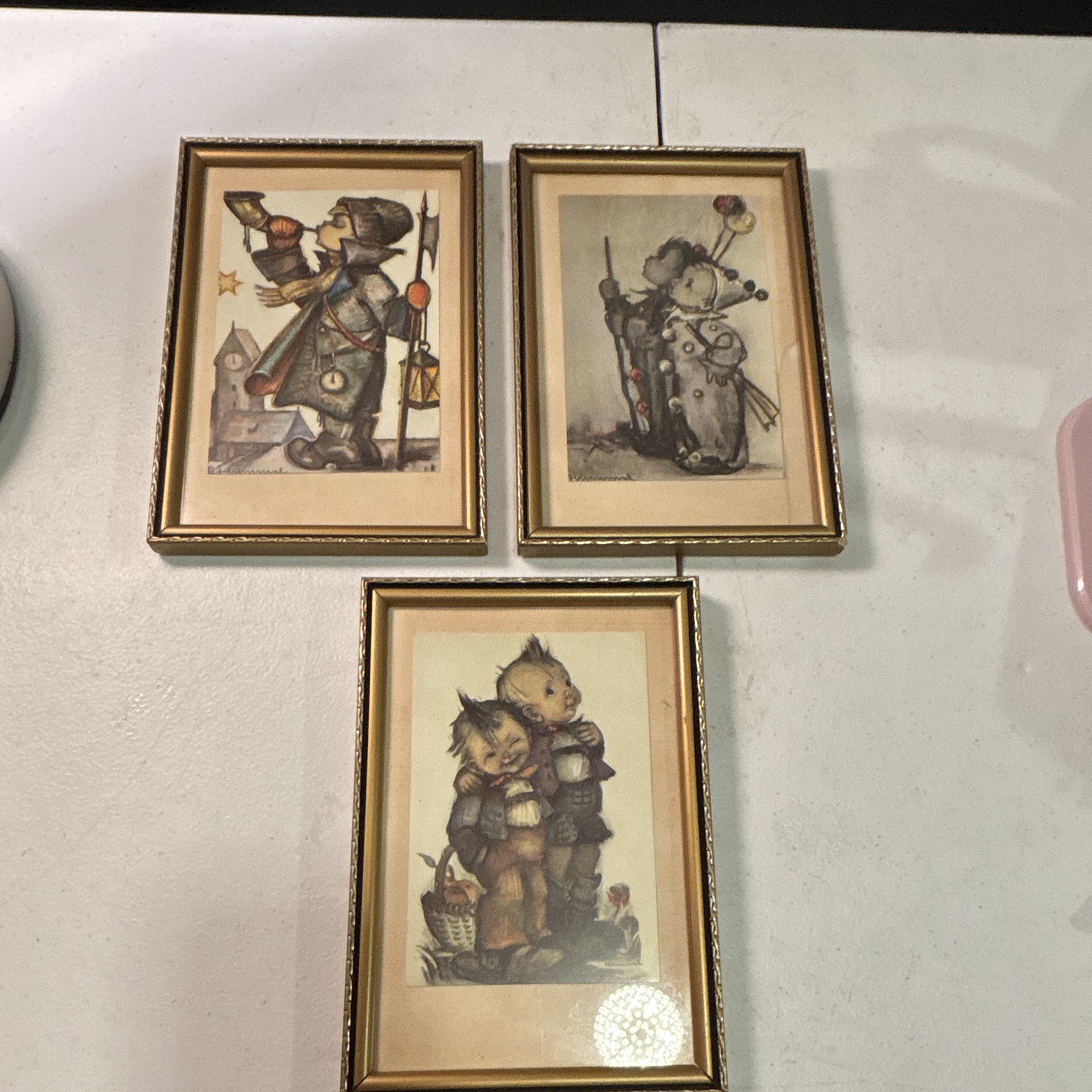 3 Vintage Framed M.I. Hummel Prints Town Crier Carnaval Max Moritz Goebel 