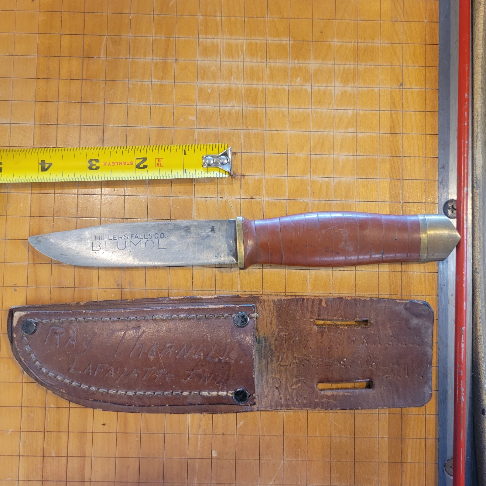 Vintage Miller\'s Falls Co Blumol. Hunting Knife. LTHR Sheath. Nice Condition USA