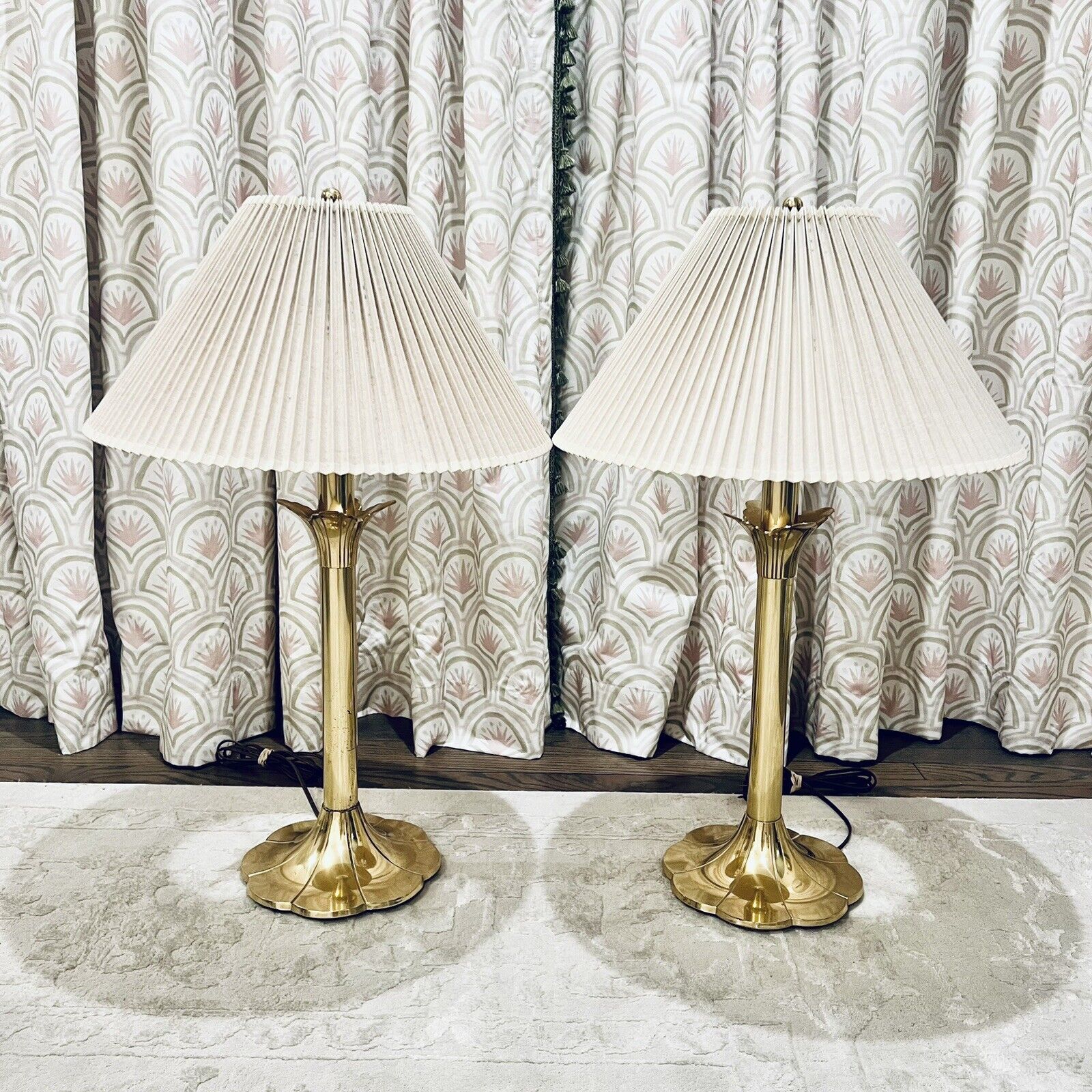 Stiffel Brass Tulip Table Lamps Pair Set Of 2 #6163 With Original Shades Vtg MCM