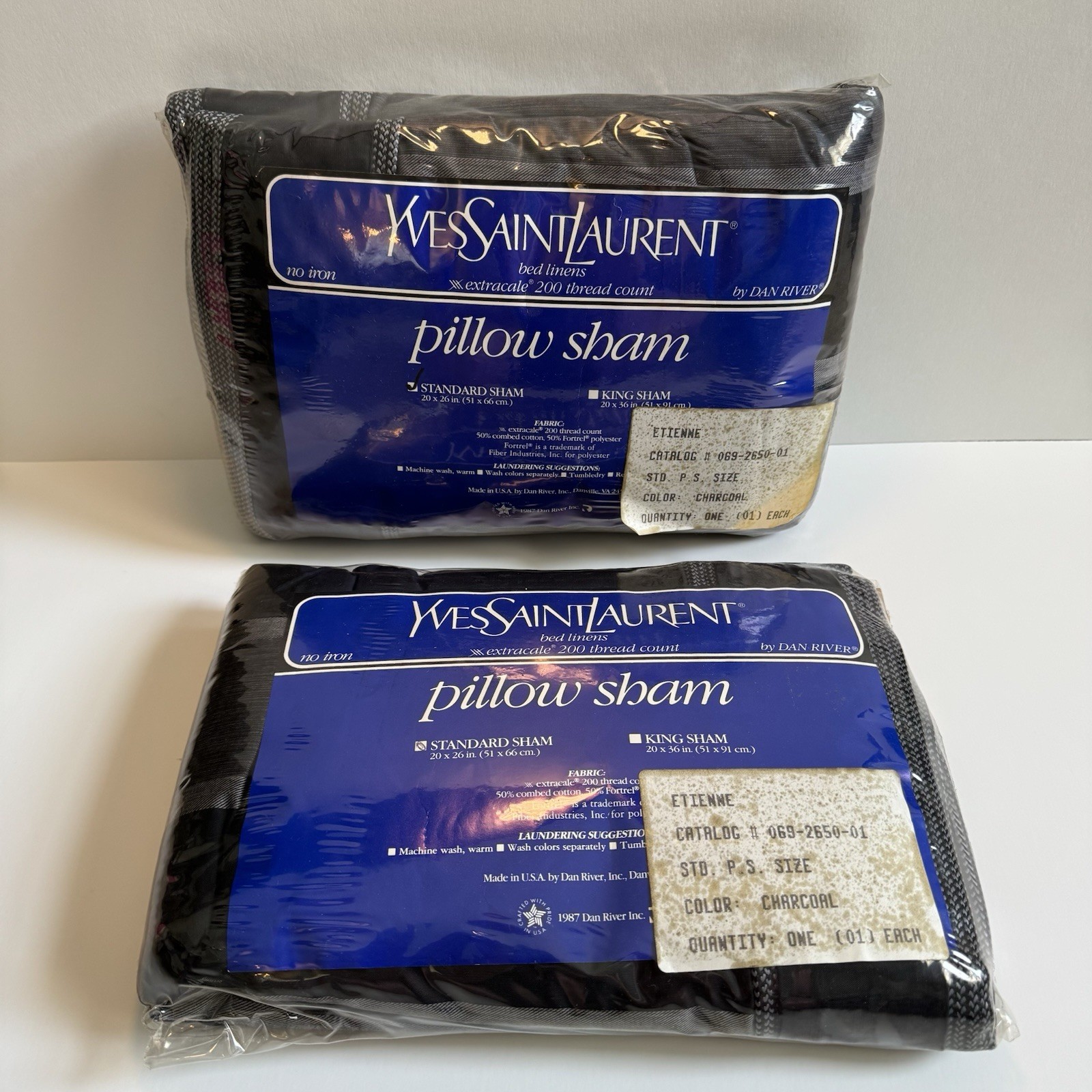 Vintage Yves Saint Laurent YSL Dan River Pair 2 Standard Pillow Cases Black Gray