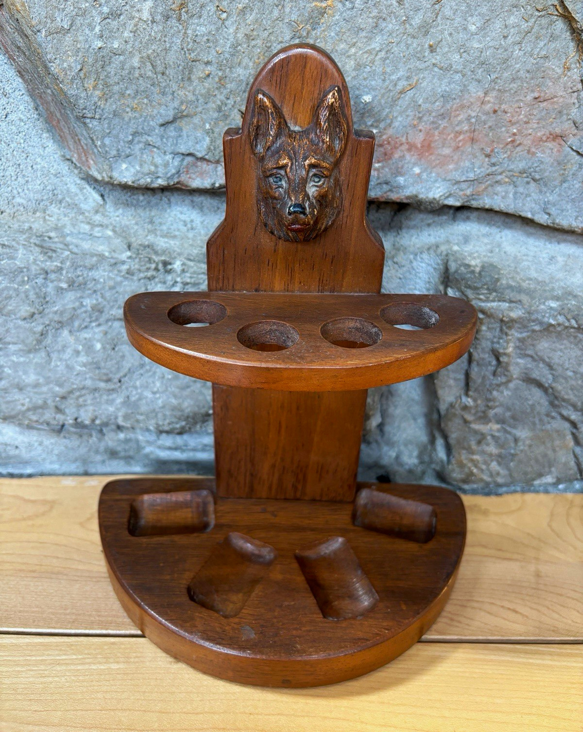 Antique Wooden Pipe Stand w/ Hand Carved Wolf Head Motif Multi-Hole Holder