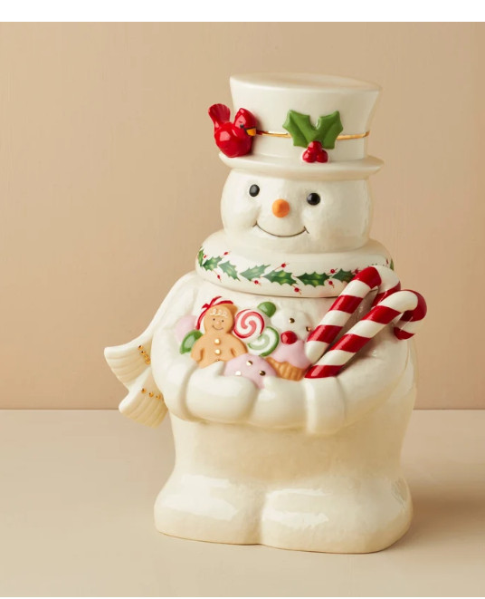 2026 Lenox Happy Holly Days Snowman Figural Cookie Jar with Lid Porcelain
