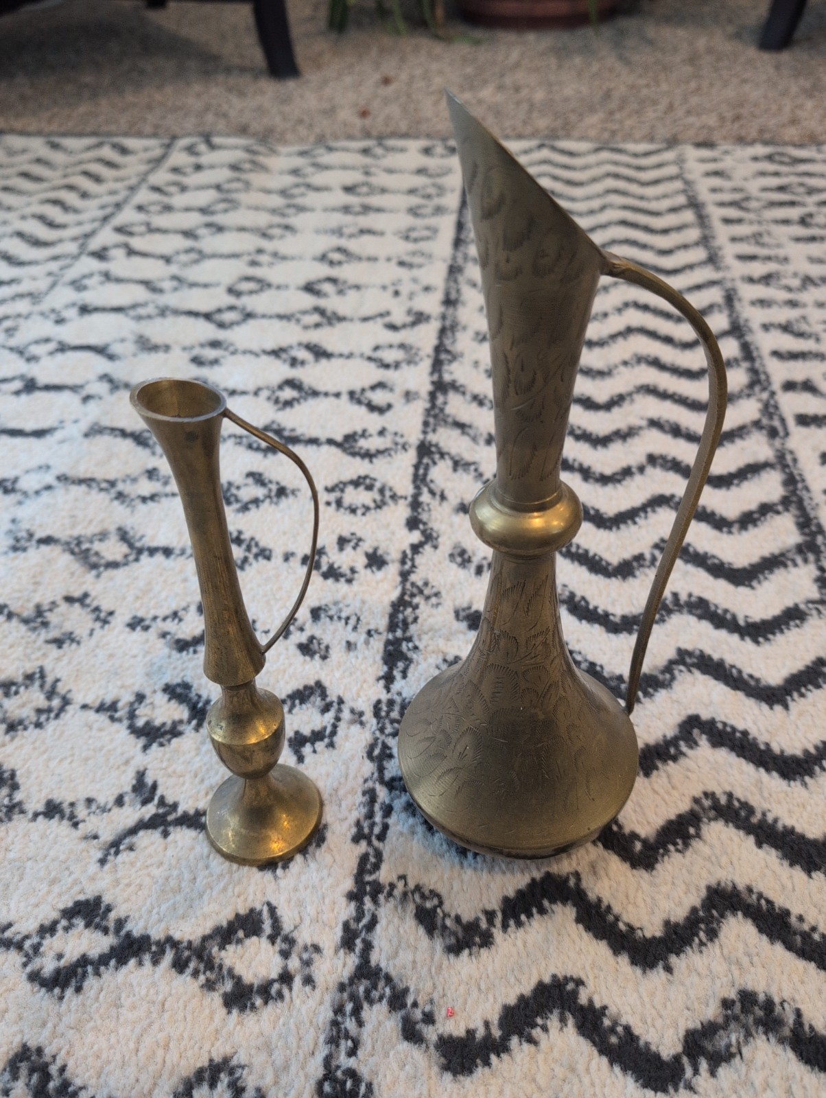 Pair Of Vintage Etched Brass Pitcher Brass India Pair Of Vintage Etched Brass Pitcher Brass India