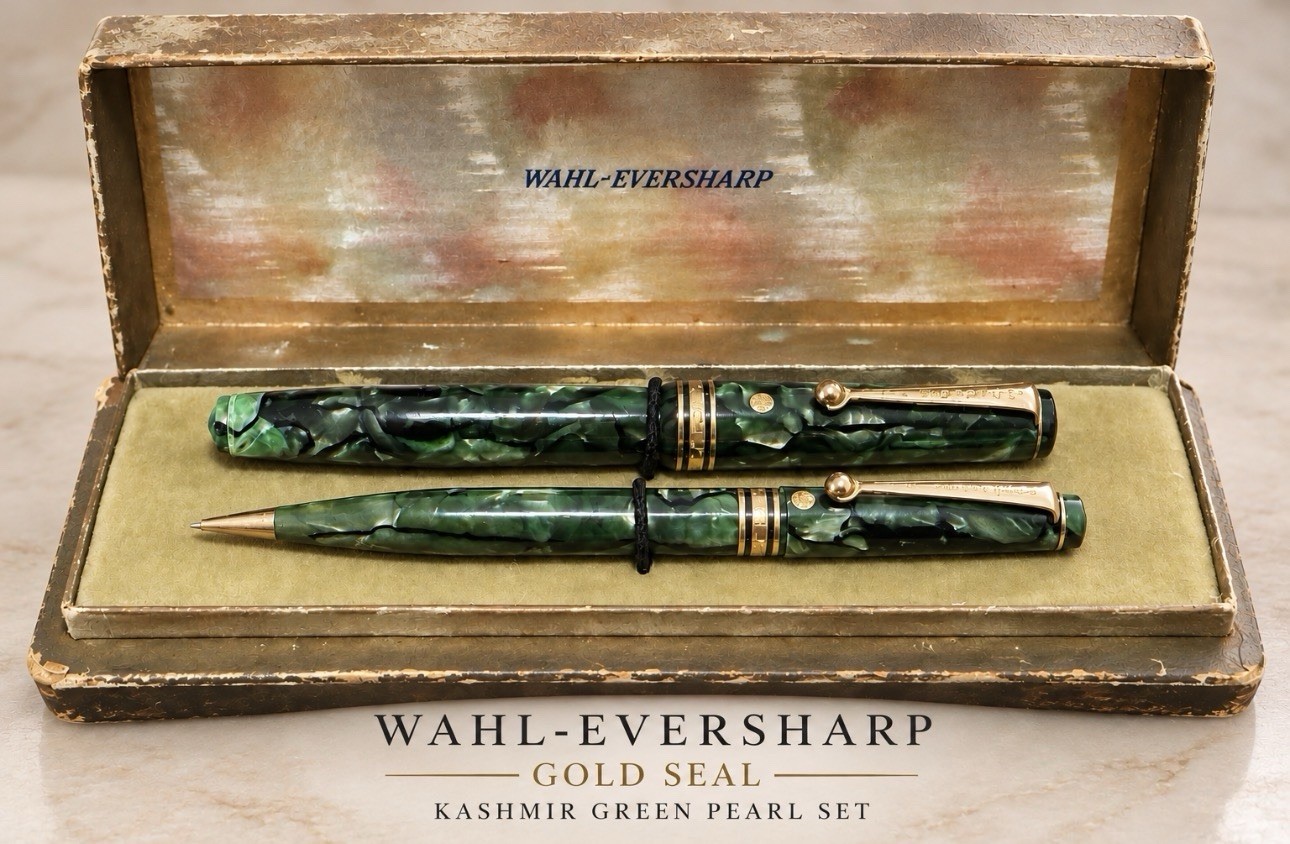 1930s Wahl Eversharp Gold Seal Kashmir Green 14K Fountain Pen Pencil Set Ori Box