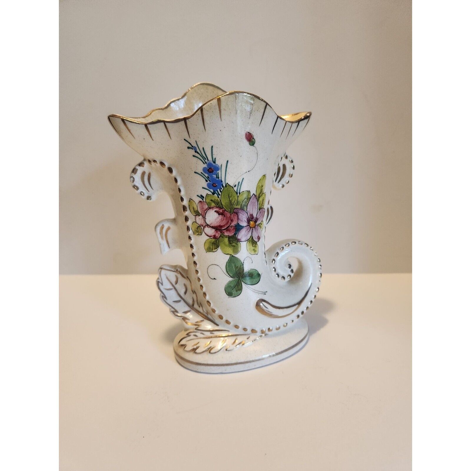 Vase/ italy / Rare Vintage Porcelain Handpainted In Italy Cornucopia Vase Rare #