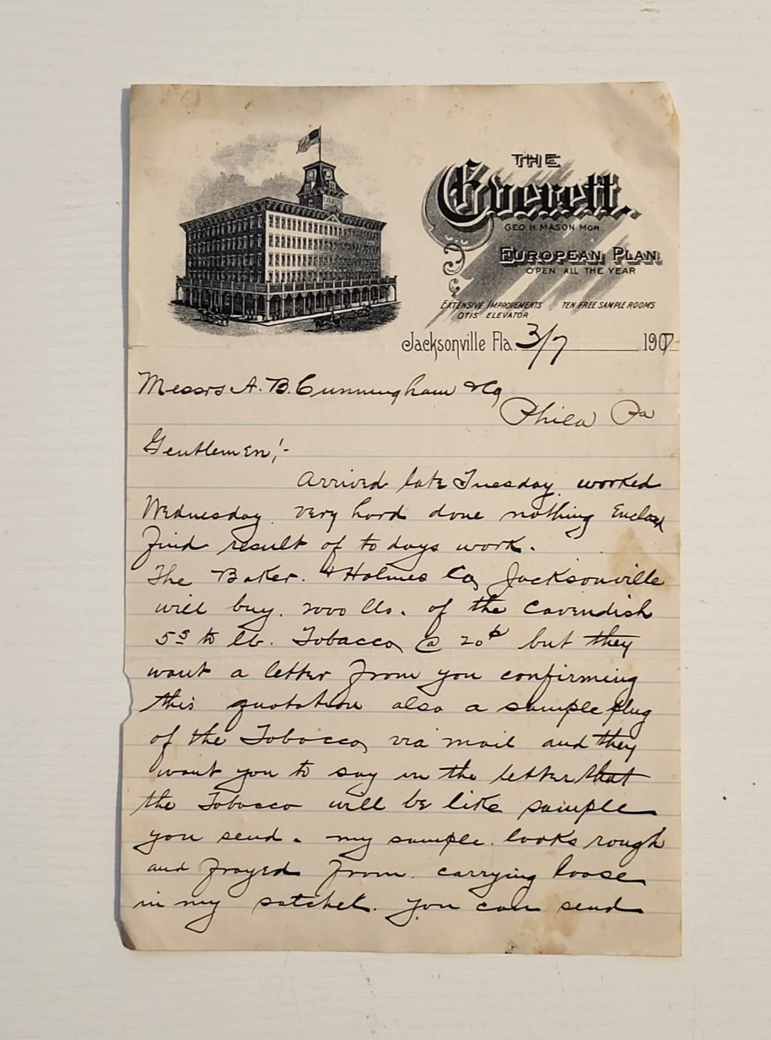 1907 Letter Head Jacksonville, FL. Stationery- Ephemera - The Everett Hotel 1907 Letter Head Jacksonville, FL. Stationery- Ephemera - The Everett Hotel