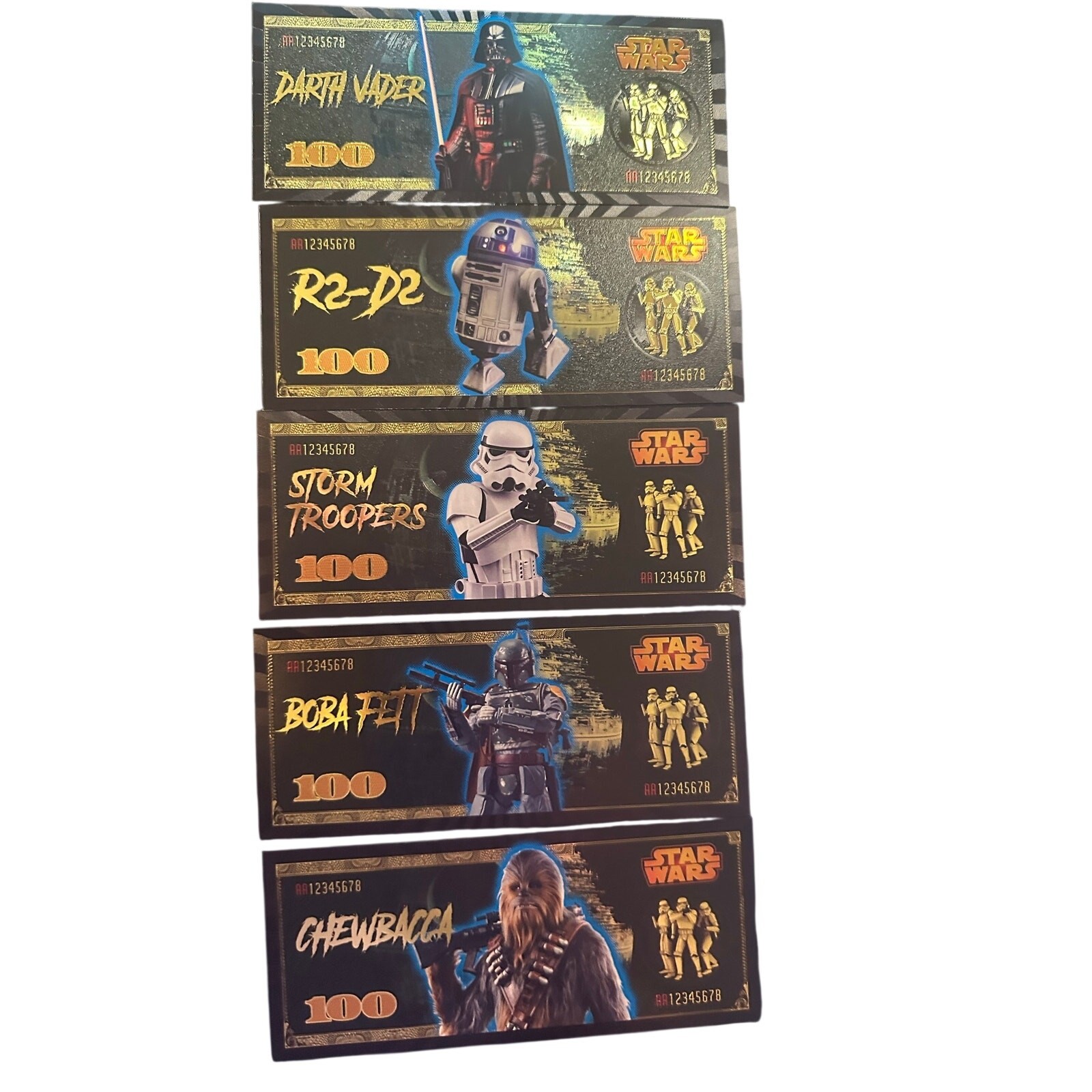 Star Wars 13-Piece Gold Tone Foil Novelty Banknote Set Darth Vader Yoda Luke Star Wars 13-Piece Gold Tone Foil Novelty Banknote Set Darth Vader Yoda Luke