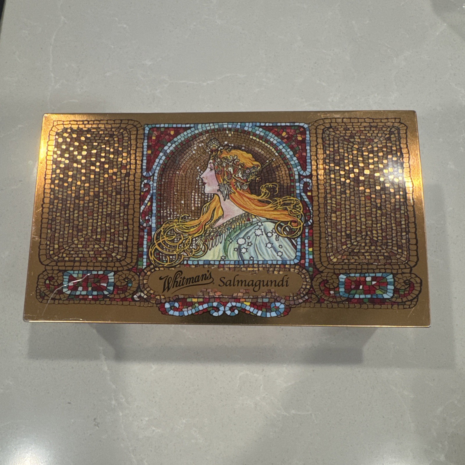 Whitman Chocolates Salmagundi 1920’s Repro Tin Box Vintage Art Nouveau Mucha Whitman Chocolates Salmagundi 1920’s Repro Tin Box Vintage Art Nouveau Mucha