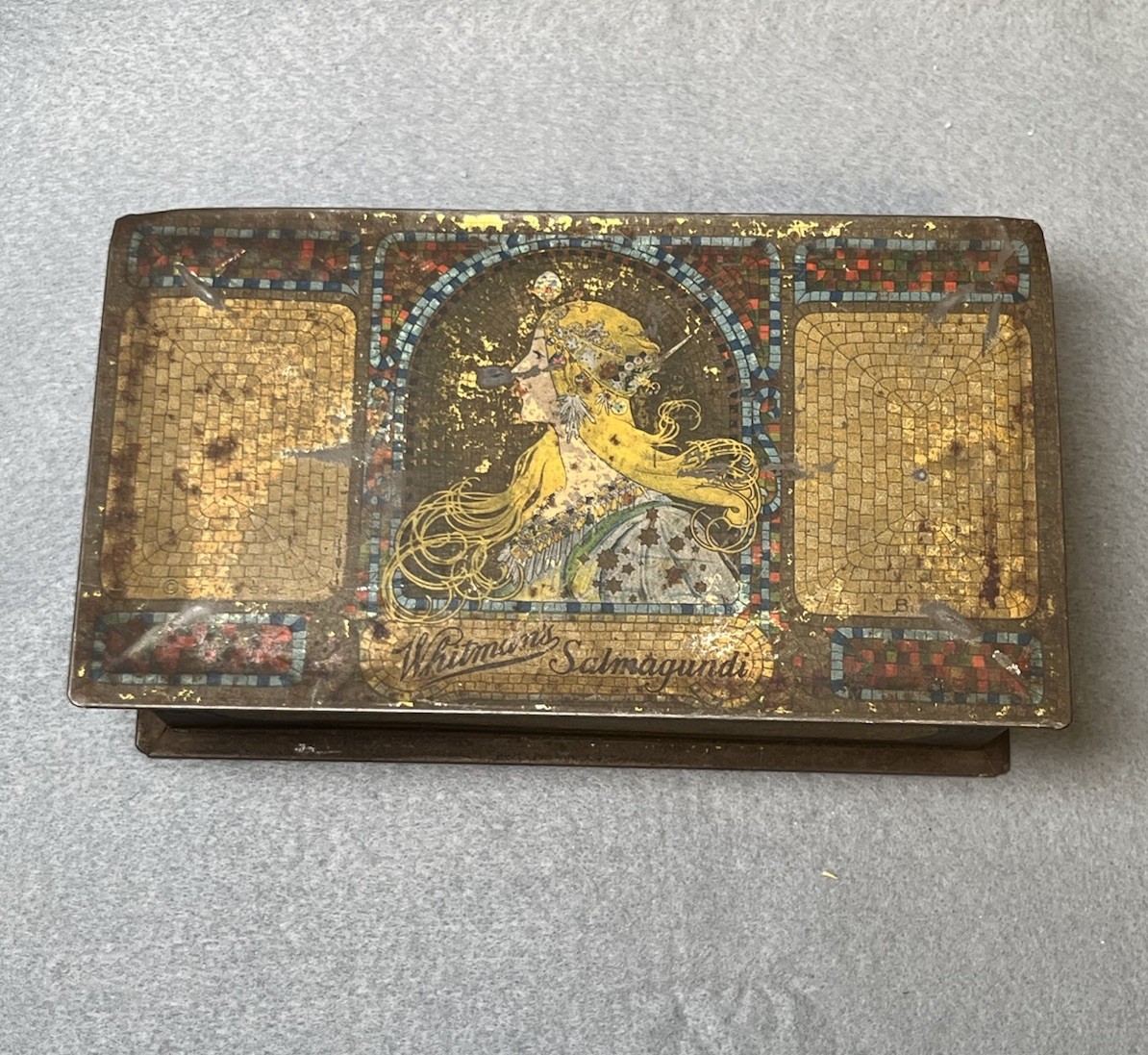 Antique 1921 Art Deco Whitmans Candy Tin with Alphonse Mucha Look