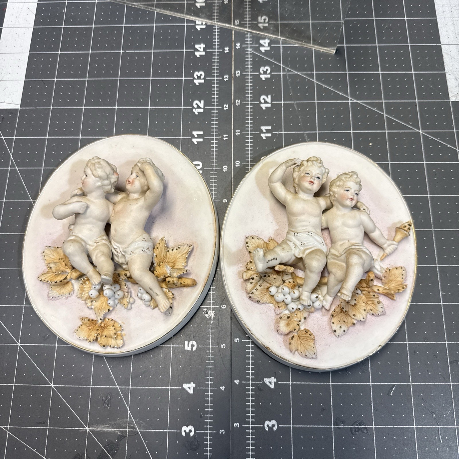 2 Vintage Arnart Bisque Porcelain Wall Plaque w/Two Cherubs 2 Vintage Arnart Bisque Porcelain Wall Plaque w/Two Cherubs