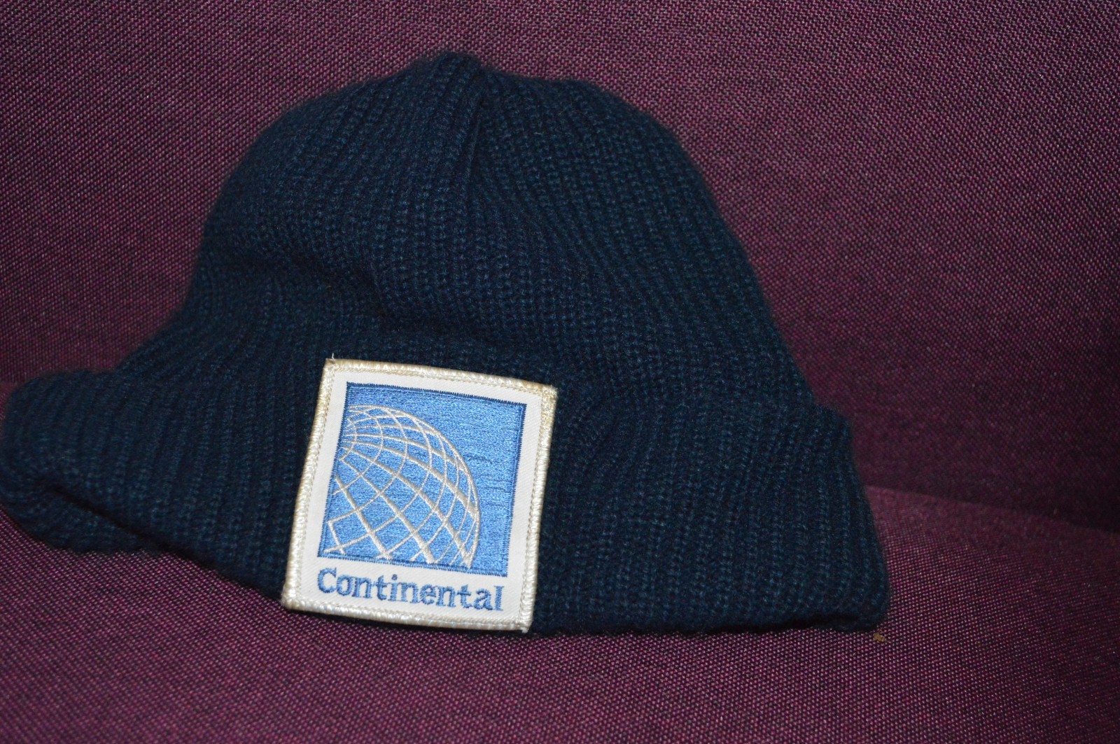 Vintage CONTINENTAL Airlines Blue Knit Ski Cap Hat Employee PATCH M4