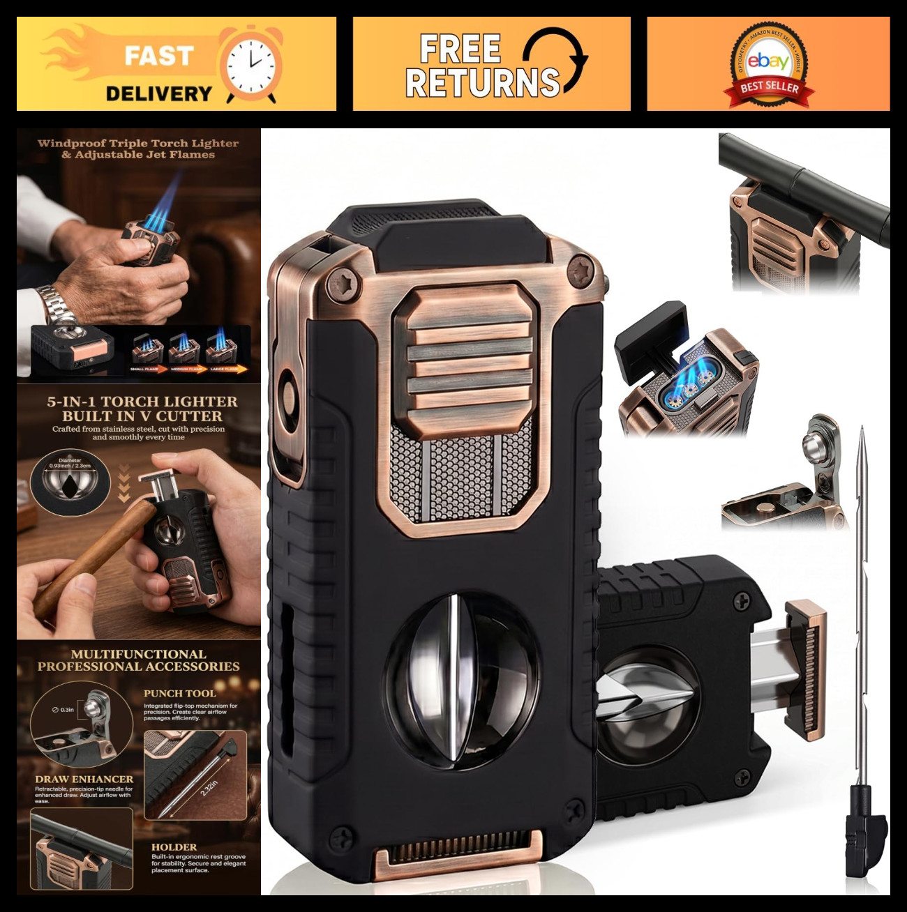 5-in-1 Butane Torch Lighter, Triple Jet Flame, Windproof, Refillable, Visible Fu 5-in-1 Butane Torch Lighter, Triple Jet Flame, Windproof, Refillable, Visible Fu