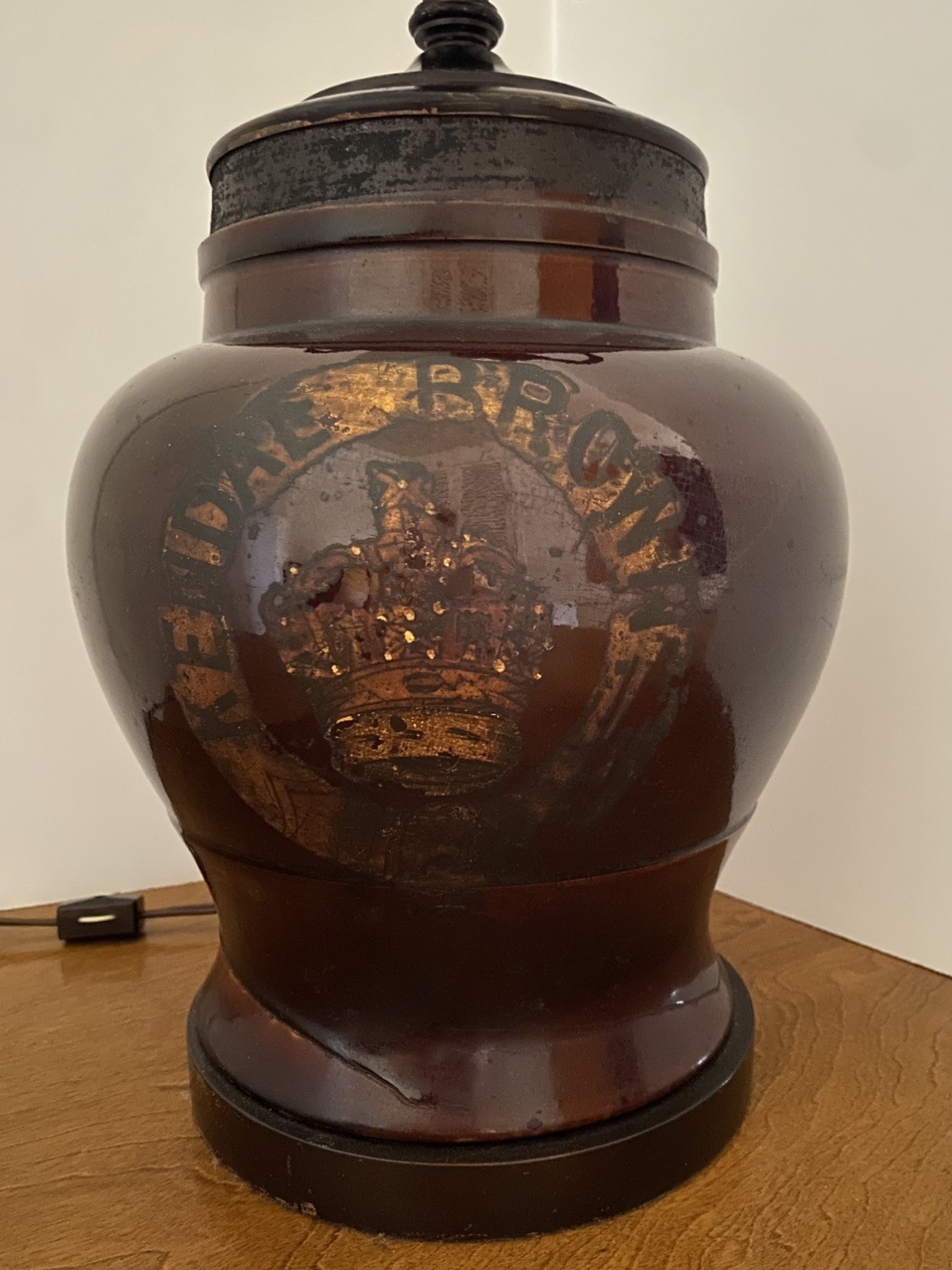 Antique Kendal Brown Tobacco Jar Lamp Base - sold by Bloomingdale’s. Antique Kendal Brown Tobacco Jar Lamp Base - sold by Bloomingdale’s.
