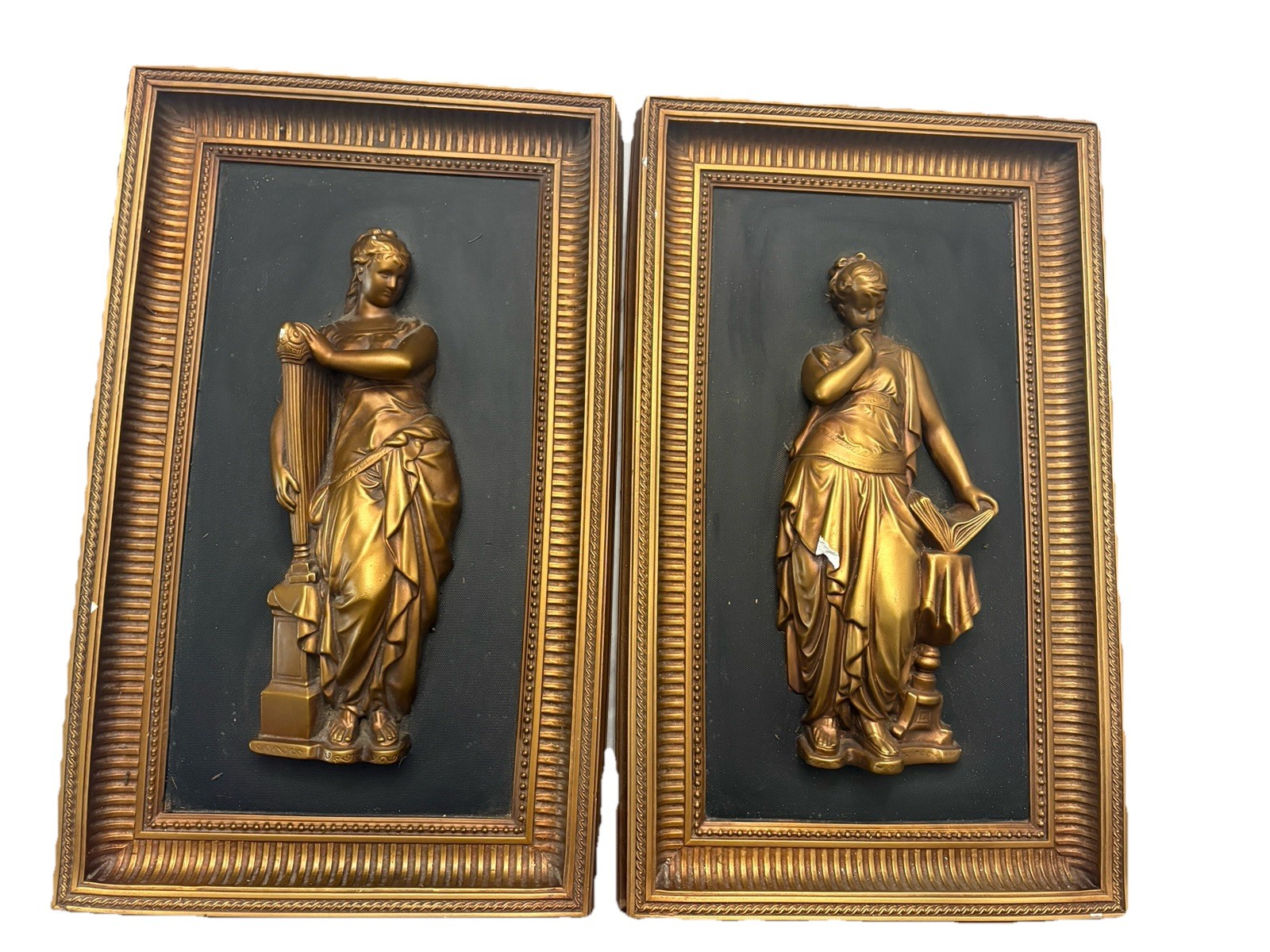 Antique Vintage Framed Greek Woman Sculpture two piece wall art Gold Heavy Rare