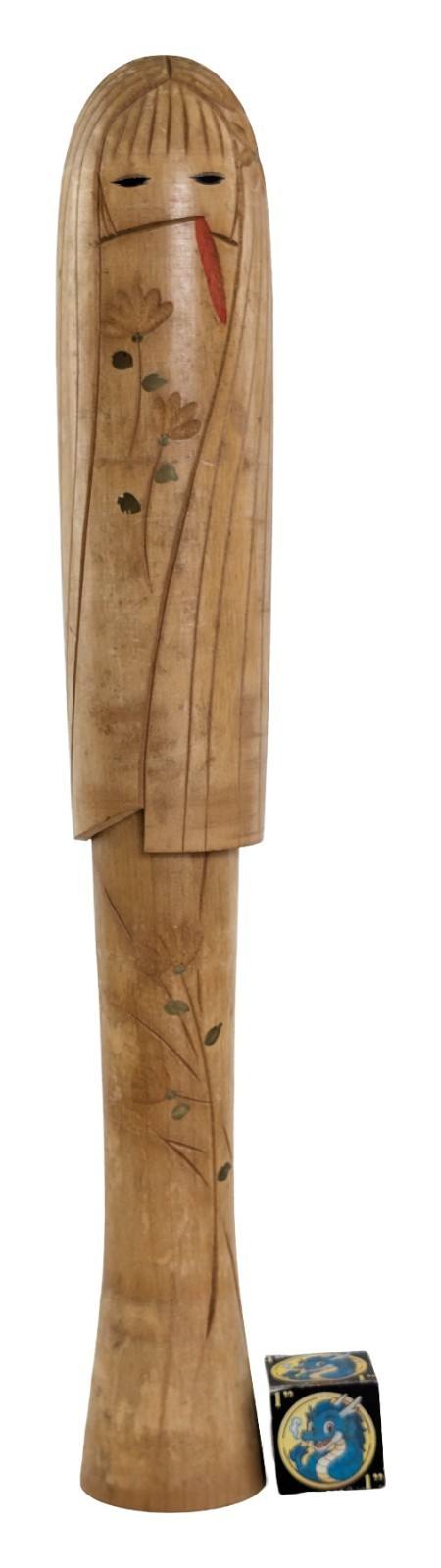 Vintage Creative Kokeshi Doll Slender Girl Carved Floral Details from Japan, 13\